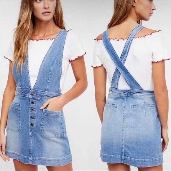 Free People Dresses & Skirts - FREE PEOPLE Old School Love Denim Retro Jumper Overall Jean Dress Size 12 Large